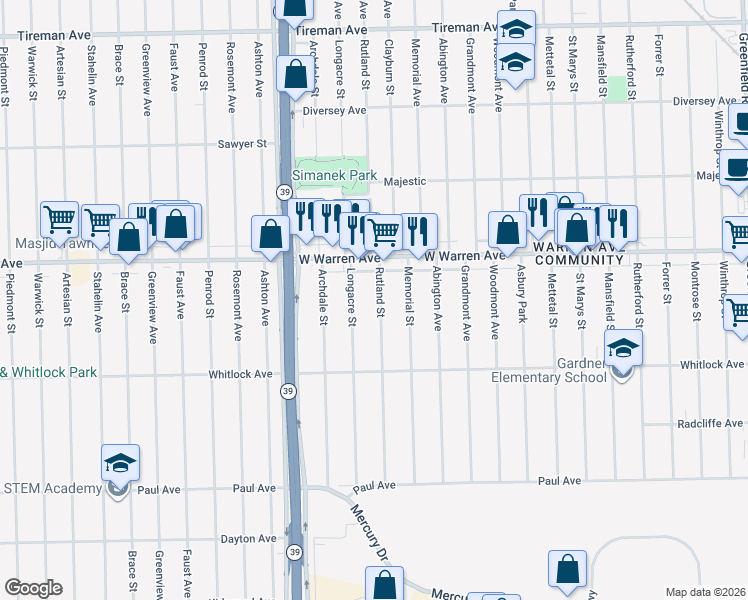 map of restaurants, bars, coffee shops, grocery stores, and more near 6857 Rutland Street in Detroit