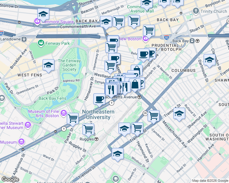 map of restaurants, bars, coffee shops, grocery stores, and more near 52 Gainsborough Street in Boston