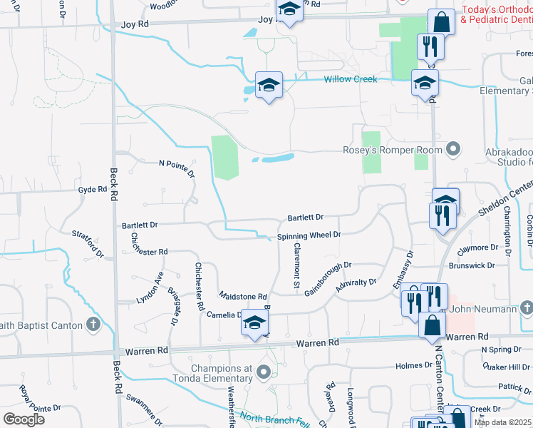 map of restaurants, bars, coffee shops, grocery stores, and more near 46636 Bartlett Drive in Wayne County