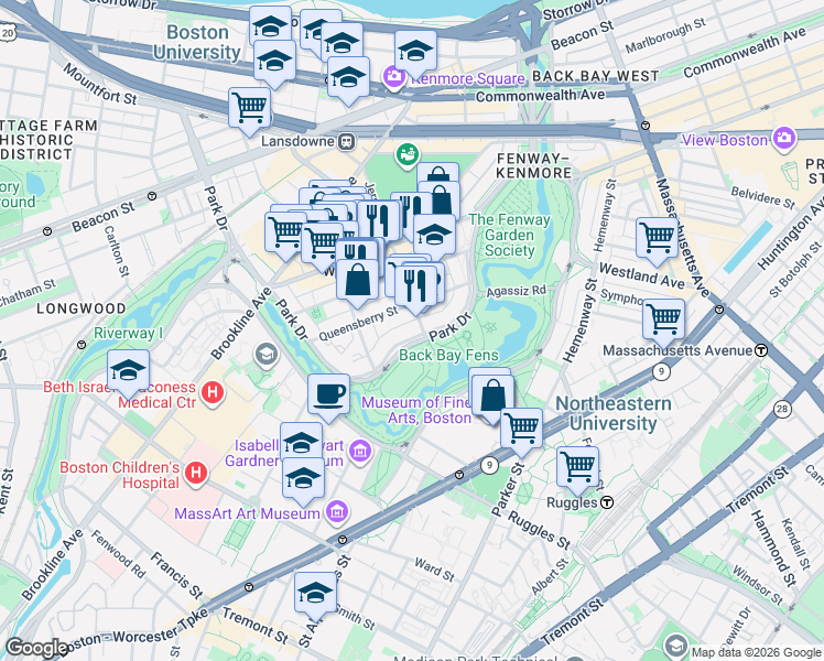 map of restaurants, bars, coffee shops, grocery stores, and more near 111 Park Drive in Boston