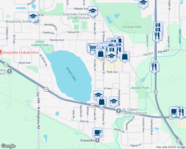 map of restaurants, bars, coffee shops, grocery stores, and more near 114 South Lake Street in Grayslake