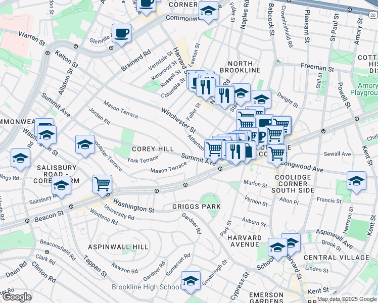 map of restaurants, bars, coffee shops, grocery stores, and more near 138 Mason Terrace in Brookline