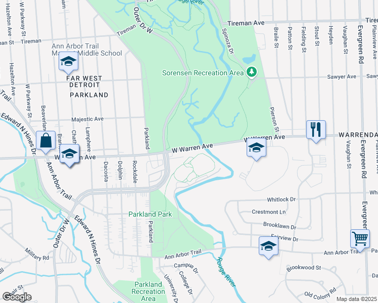 map of restaurants, bars, coffee shops, grocery stores, and more near 21547 West Warren Avenue in Dearborn Heights