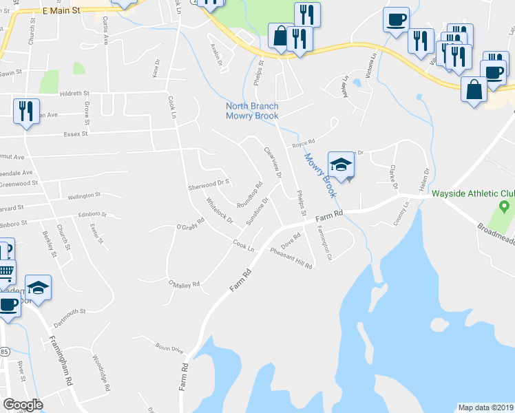 map of restaurants, bars, coffee shops, grocery stores, and more near 56 Sunshine Drive in Marlborough
