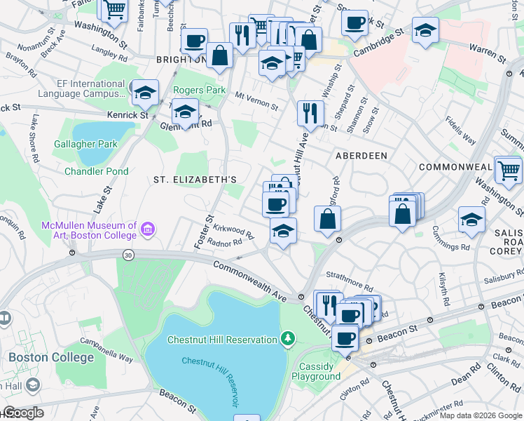 map of restaurants, bars, coffee shops, grocery stores, and more near 25 Embassy Road in Boston