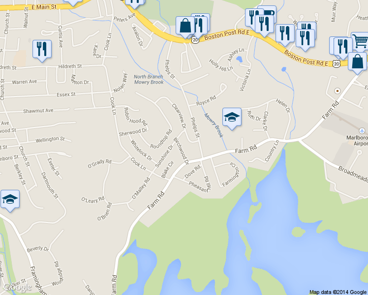 map of restaurants, bars, coffee shops, grocery stores, and more near 25 Birchwood Drive in Marlborough