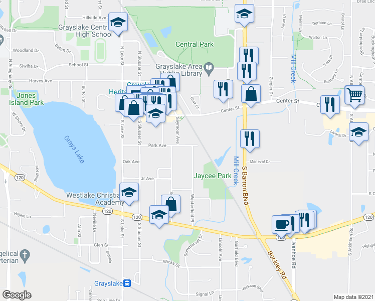 map of restaurants, bars, coffee shops, grocery stores, and more near 381 Park Avenue in Grayslake