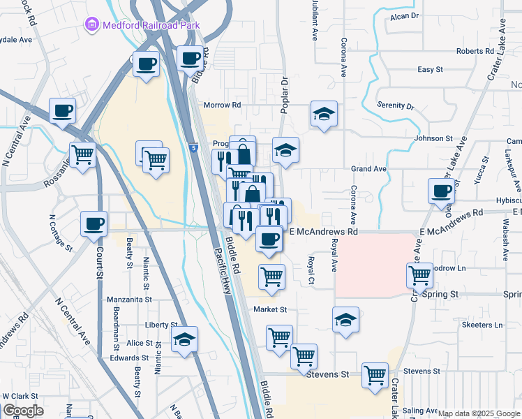 map of restaurants, bars, coffee shops, grocery stores, and more near 1251 E McAndrews Rd in Medford