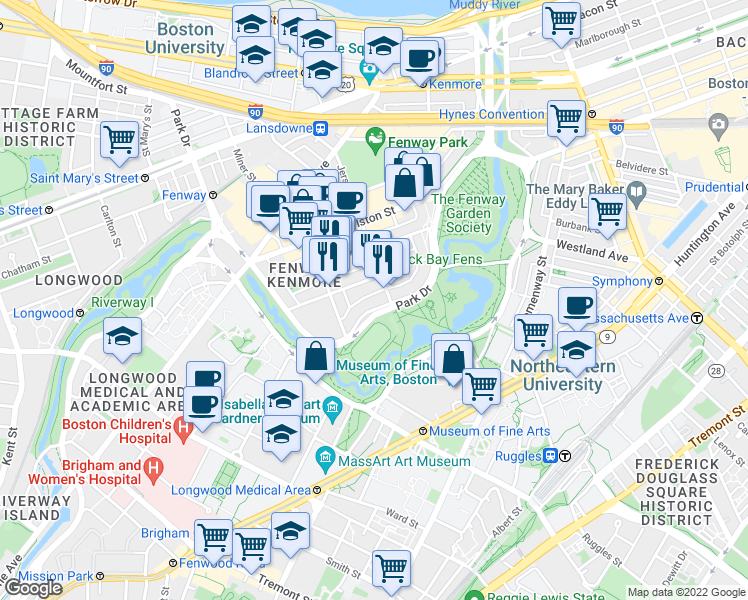 map of restaurants, bars, coffee shops, grocery stores, and more near 111 Park Drive in Boston