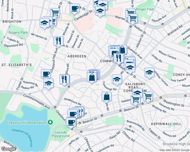 map of restaurants, bars, coffee shops, grocery stores, and more near 1691 Commonwealth Avenue in Boston