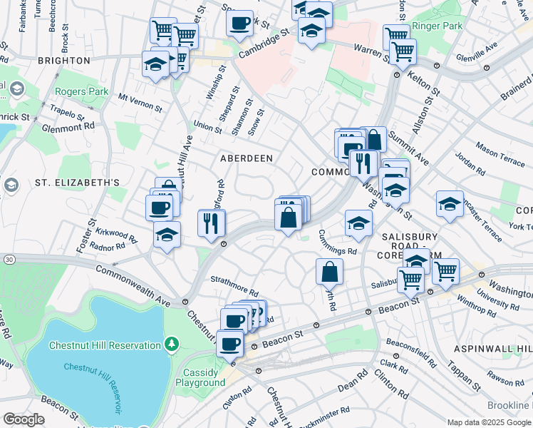 map of restaurants, bars, coffee shops, grocery stores, and more near 1713-1715 Commonwealth Avenue in Boston