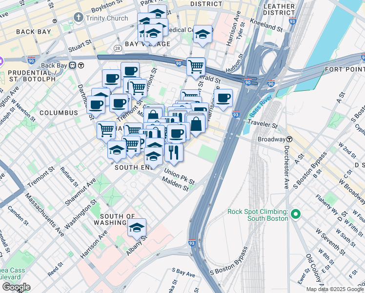 map of restaurants, bars, coffee shops, grocery stores, and more near 485 Harrison Avenue in Boston