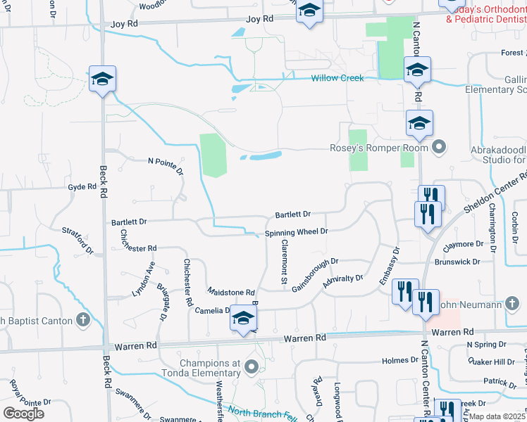 map of restaurants, bars, coffee shops, grocery stores, and more near 46636 Bartlett Drive in Canton