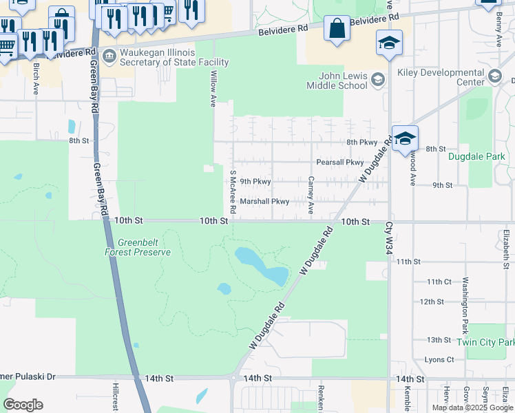 map of restaurants, bars, coffee shops, grocery stores, and more near 2415 Marshall Parkway in Waukegan