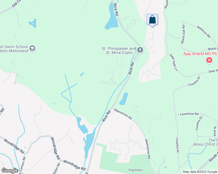 map of restaurants, bars, coffee shops, grocery stores, and more near 126 Rice Road in Wayland