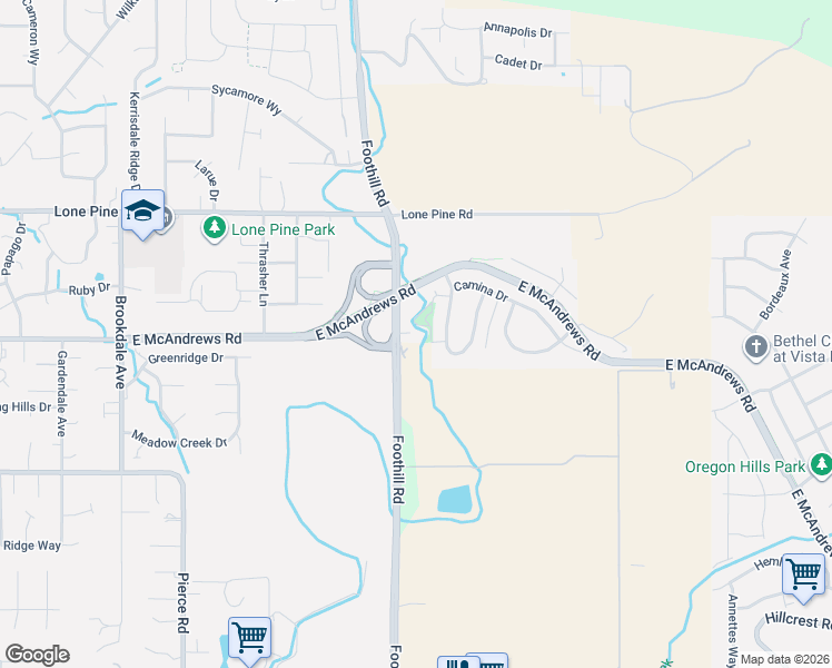 map of restaurants, bars, coffee shops, grocery stores, and more near 1610 Foothill Road in Medford