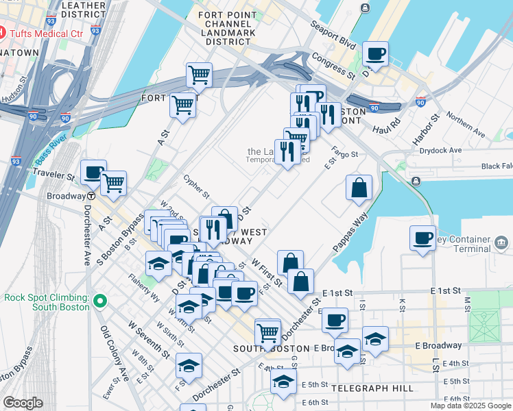 map of restaurants, bars, coffee shops, grocery stores, and more near 371R D Street in Boston