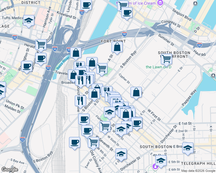map of restaurants, bars, coffee shops, grocery stores, and more near 50 West 3rd Street in Boston