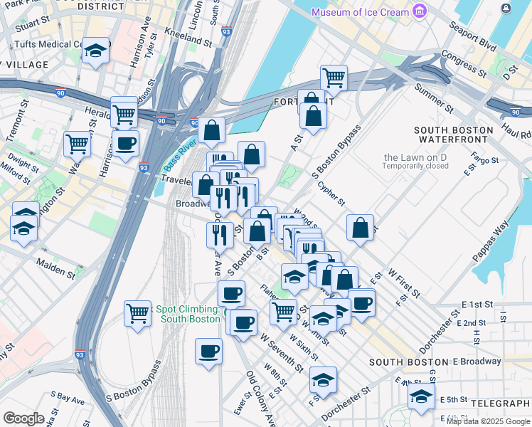 map of restaurants, bars, coffee shops, grocery stores, and more near 69 Athens Street in Boston