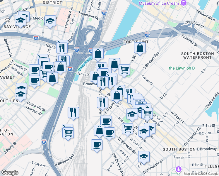 map of restaurants, bars, coffee shops, grocery stores, and more near 45 West Broadway in Boston
