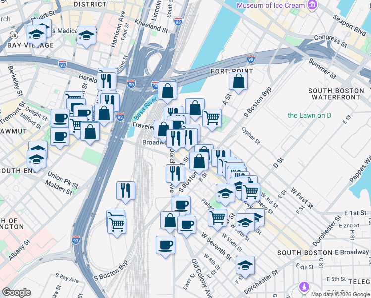 map of restaurants, bars, coffee shops, grocery stores, and more near 45 West Broadway in Boston
