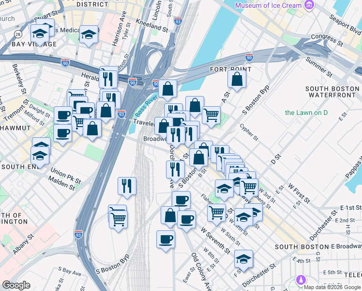 map of restaurants, bars, coffee shops, grocery stores, and more near 45 West Broadway in Boston