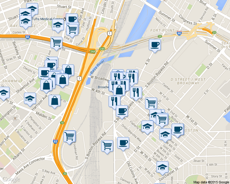 map of restaurants, bars, coffee shops, grocery stores, and more near 45 West Broadway in Boston