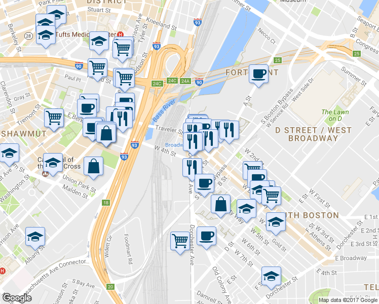 map of restaurants, bars, coffee shops, grocery stores, and more near in Boston
