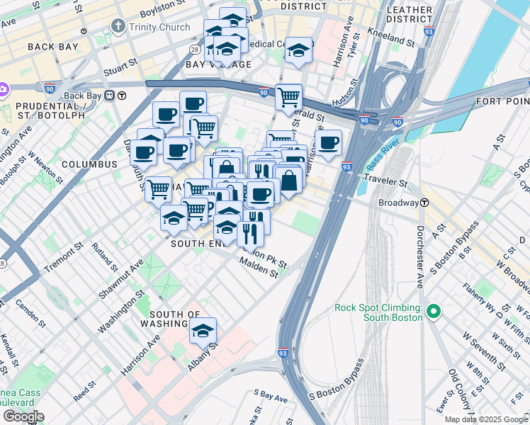 map of restaurants, bars, coffee shops, grocery stores, and more near 485 Harrison Avenue in Boston