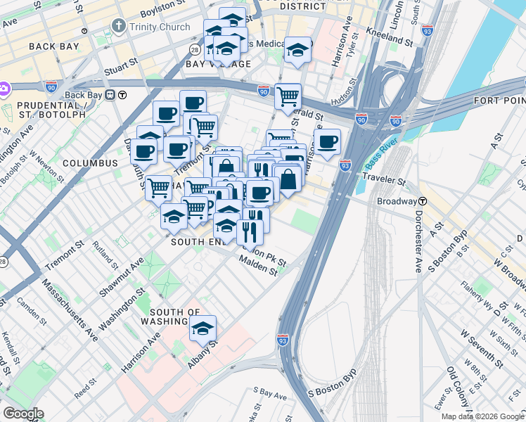 map of restaurants, bars, coffee shops, grocery stores, and more near 485 Harrison Avenue in Boston