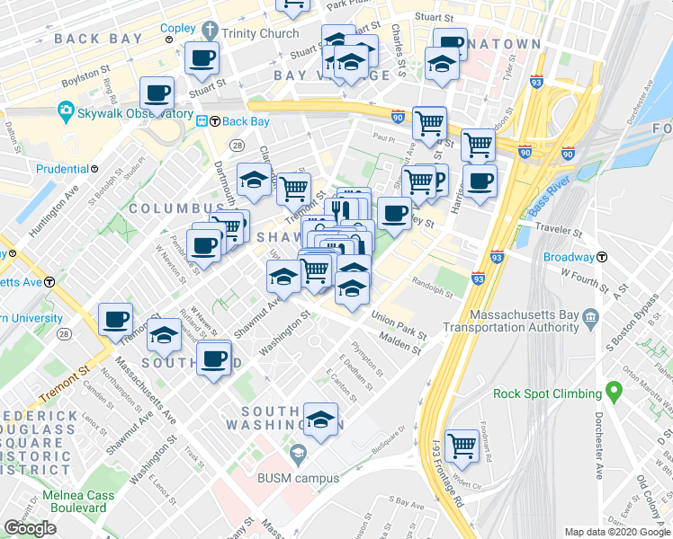 map of restaurants, bars, coffee shops, grocery stores, and more near in Boston