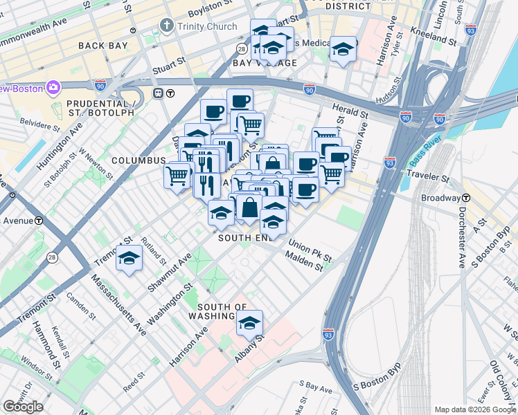 map of restaurants, bars, coffee shops, grocery stores, and more near in Boston