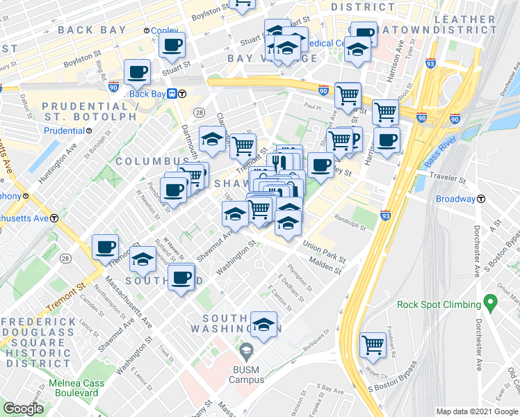 map of restaurants, bars, coffee shops, grocery stores, and more near in Boston