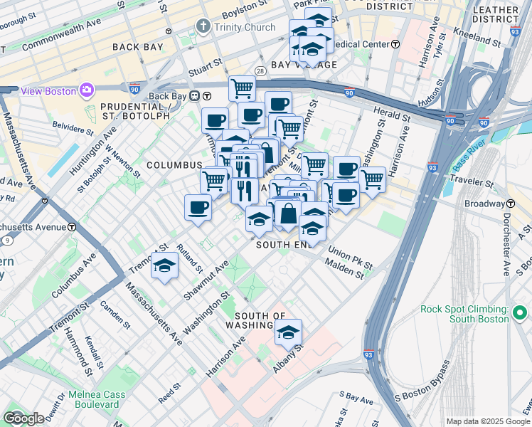 map of restaurants, bars, coffee shops, grocery stores, and more near 7 Upton Street in Boston