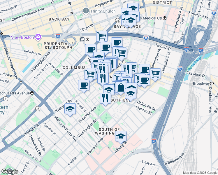 map of restaurants, bars, coffee shops, grocery stores, and more near 7 Upton Street in Boston