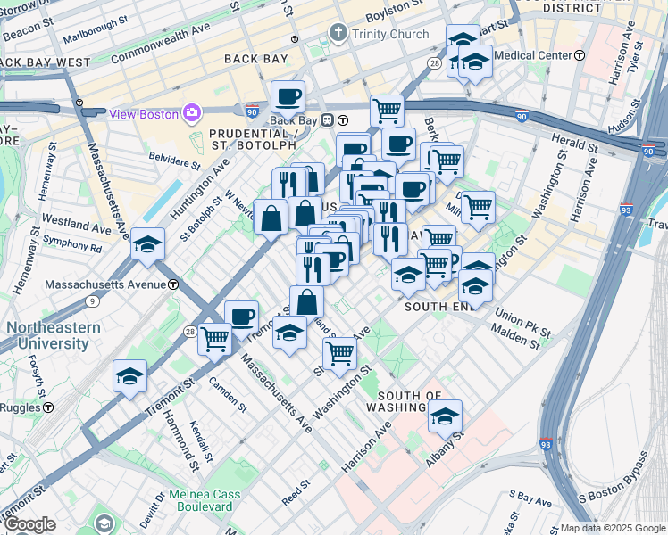 map of restaurants, bars, coffee shops, grocery stores, and more near 83 Pembroke Street in Boston