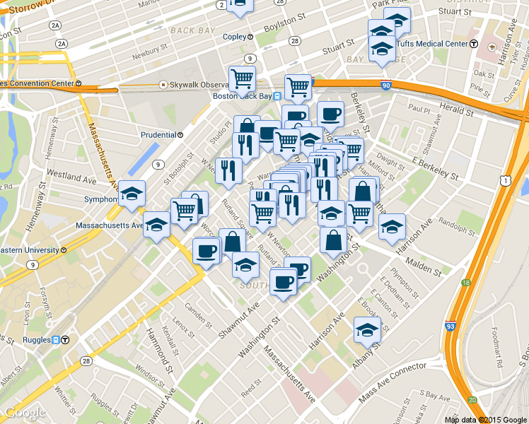 map of restaurants, bars, coffee shops, grocery stores, and more near 83 Pembroke Street in Boston