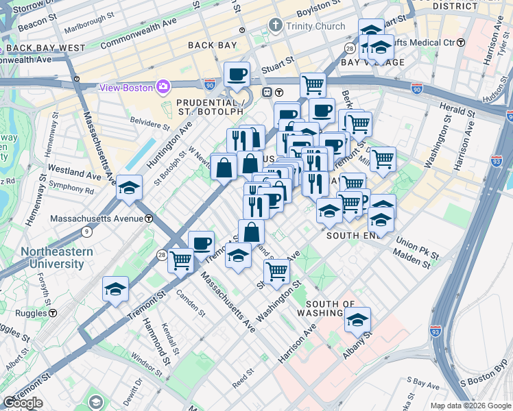 map of restaurants, bars, coffee shops, grocery stores, and more near 83 Pembroke Street in Boston
