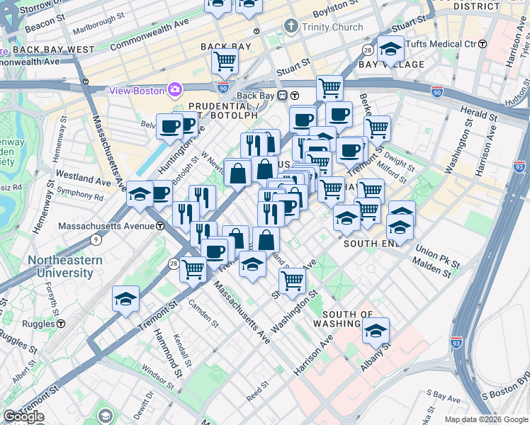 map of restaurants, bars, coffee shops, grocery stores, and more near 136 West Newton Street in Boston