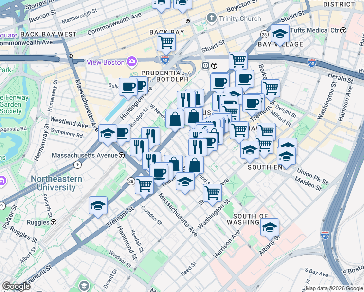 map of restaurants, bars, coffee shops, grocery stores, and more near 136 West Newton Street in Boston
