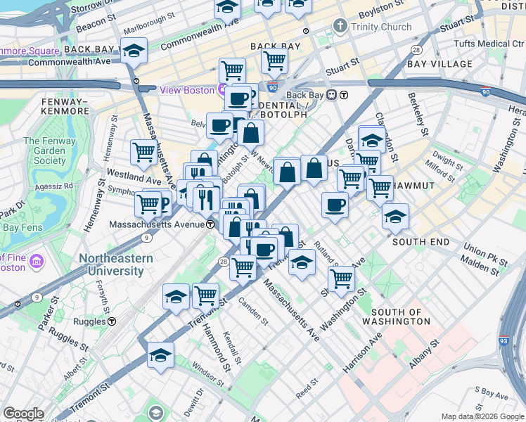 map of restaurants, bars, coffee shops, grocery stores, and more near 525 A Columbus Avenue in Boston
