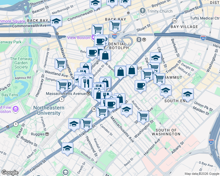 map of restaurants, bars, coffee shops, grocery stores, and more near 525 A Columbus Avenue in Boston