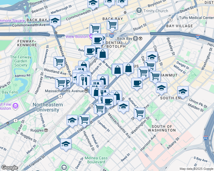 map of restaurants, bars, coffee shops, grocery stores, and more near 525 A Columbus Avenue in Boston