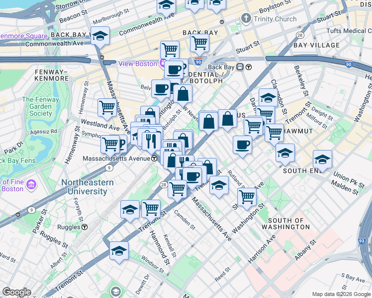 map of restaurants, bars, coffee shops, grocery stores, and more near 525 A Columbus Avenue in Boston
