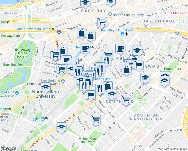 map of restaurants, bars, coffee shops, grocery stores, and more near 525 A Columbus Avenue in Boston