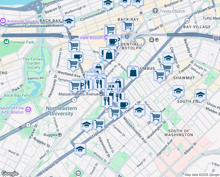 map of restaurants, bars, coffee shops, grocery stores, and more near 23 Wellington Street in Boston