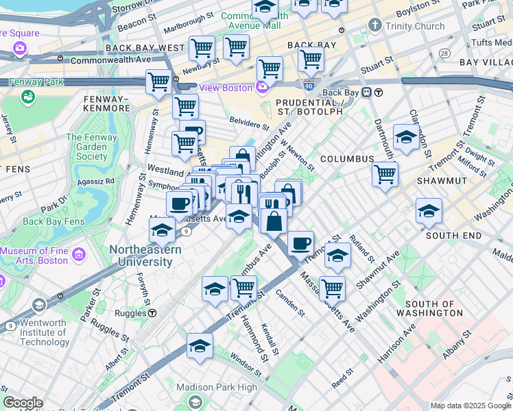 map of restaurants, bars, coffee shops, grocery stores, and more near 352 Massachusetts Avenue in Boston