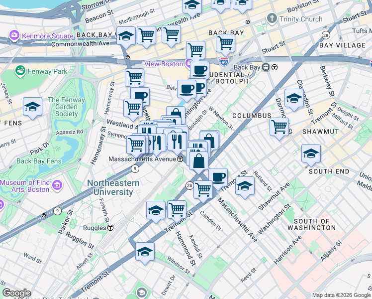 map of restaurants, bars, coffee shops, grocery stores, and more near 352 Massachusetts Avenue in Boston