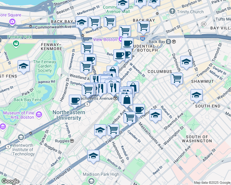 map of restaurants, bars, coffee shops, grocery stores, and more near 352 Massachusetts Avenue in Boston