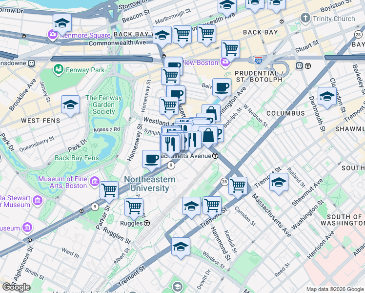 map of restaurants, bars, coffee shops, grocery stores, and more near 52 Gainsborough Street in Boston